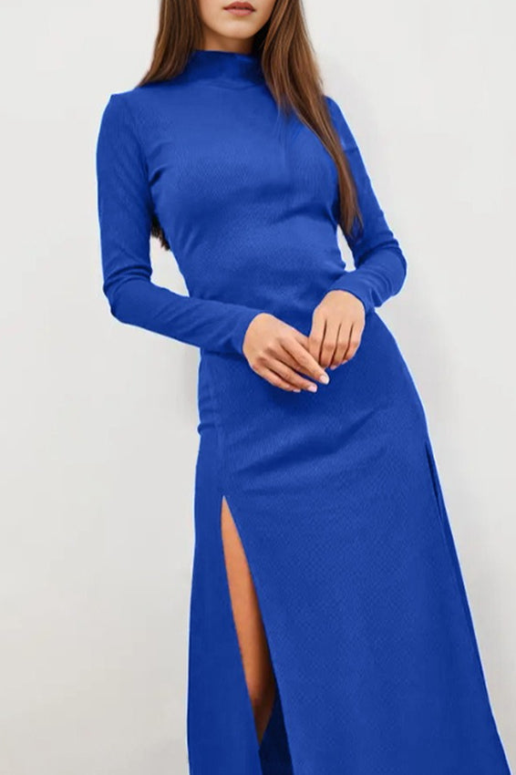 Ribbed Knit High Neck Long Sleeve Bodycon Midi Dress