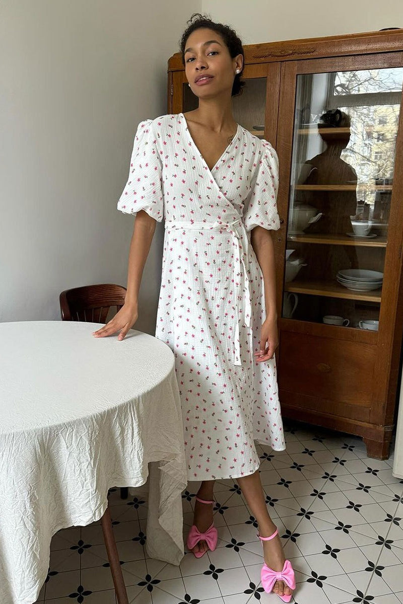 Floral Wrap V Neck Puff Sleeve Midi Dress 8