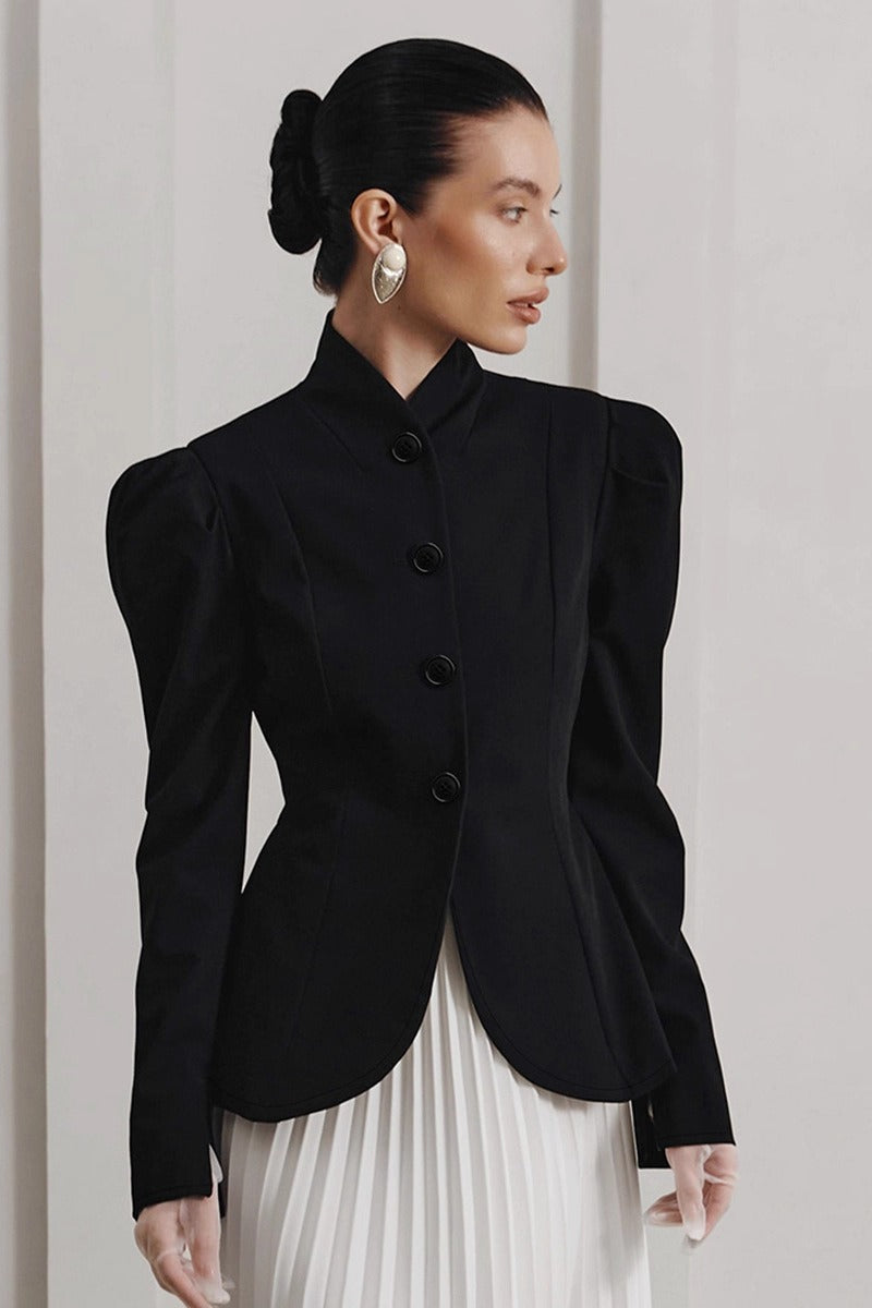 Black Puff Sleeve Blazer Coat - Fashionpara