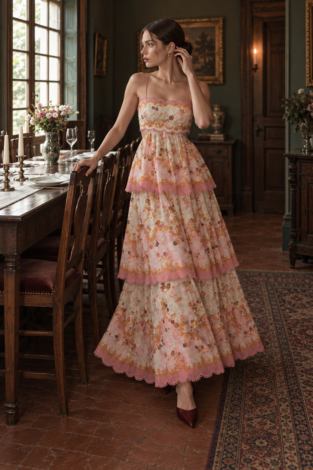 Floral Print Sweetheart Scalloped Tiered Maxi Dress