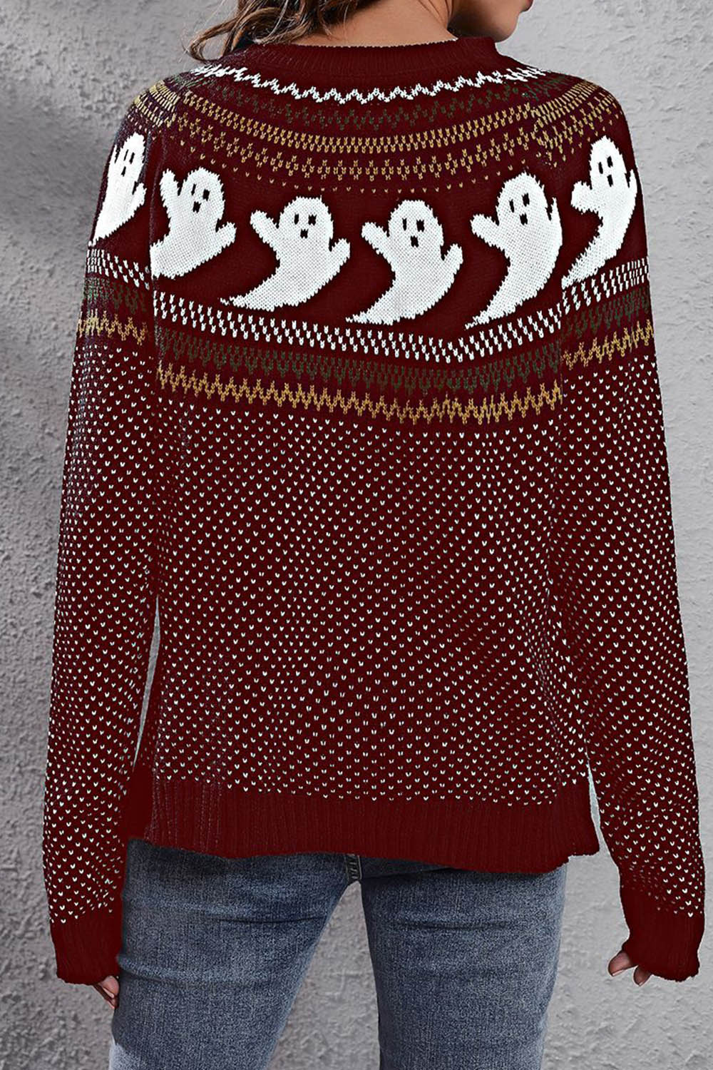 Halloween Ghost Retro Polka Dot Long Sleeve Knitted Sweater - Fashionpara