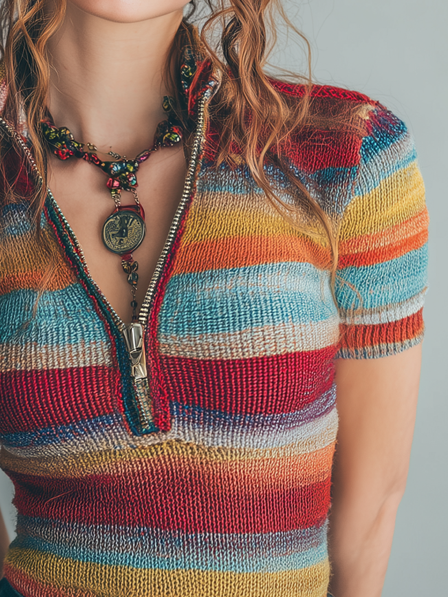 Retro Zipper Collar Colorful Striped Short Sleeve Knitted Blouse - Fashionpara