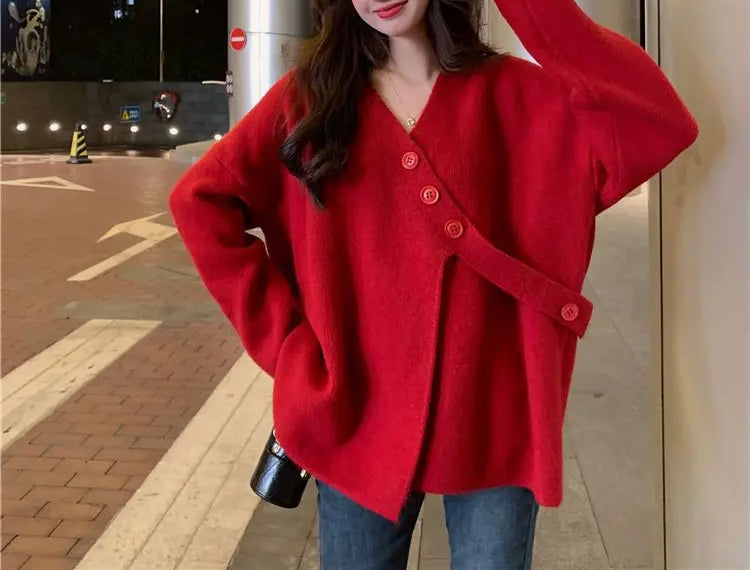 V-Neck Solid Simplicity Office Lady Autumn Knit Cardigan