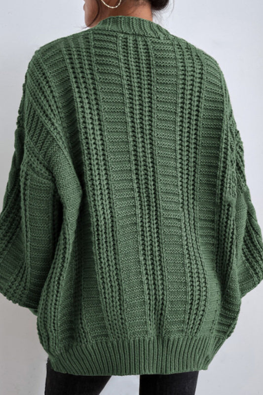 Vintage Cable Knit V-Neck Cardigan with Balloon Sleeves