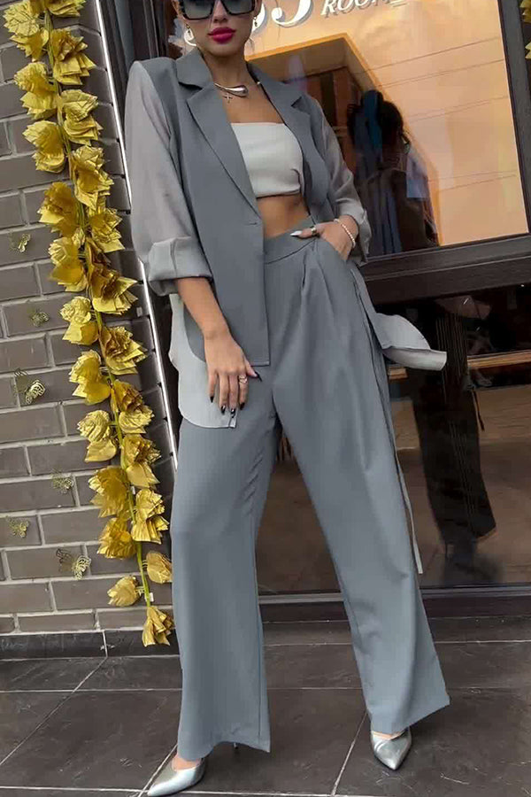Chic and Elegant Chiffon Patchwork Irregular Lace-up Jacket and Pocketed Straight-leg Pants Set