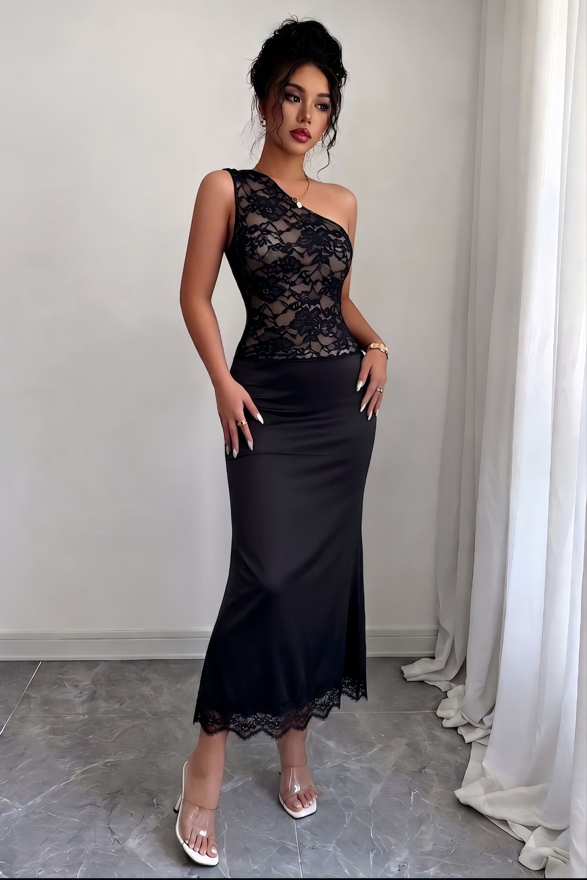 Floral Lace One Shoulder Satin Mermaid Midi Dress