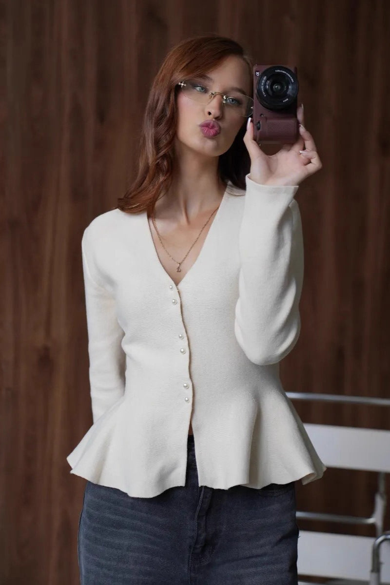 Solid Fitted Ruffled Hem Long Sleeve Knit Cardigan 4