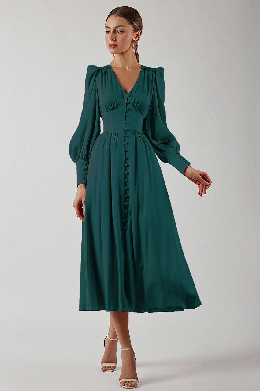 Vintage Satin Puff Sleeve Tailored Midi Dress