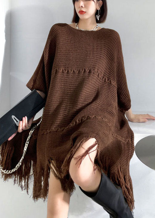 Knit Tassel Fringe Batwing Sleeve Oversized Mini Sweater Dress - View 3