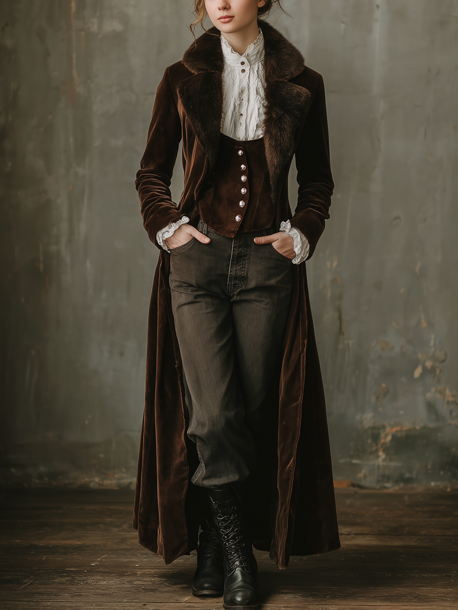 Retro Faux Fur Collar Velvet Long Coat - Fashionpara