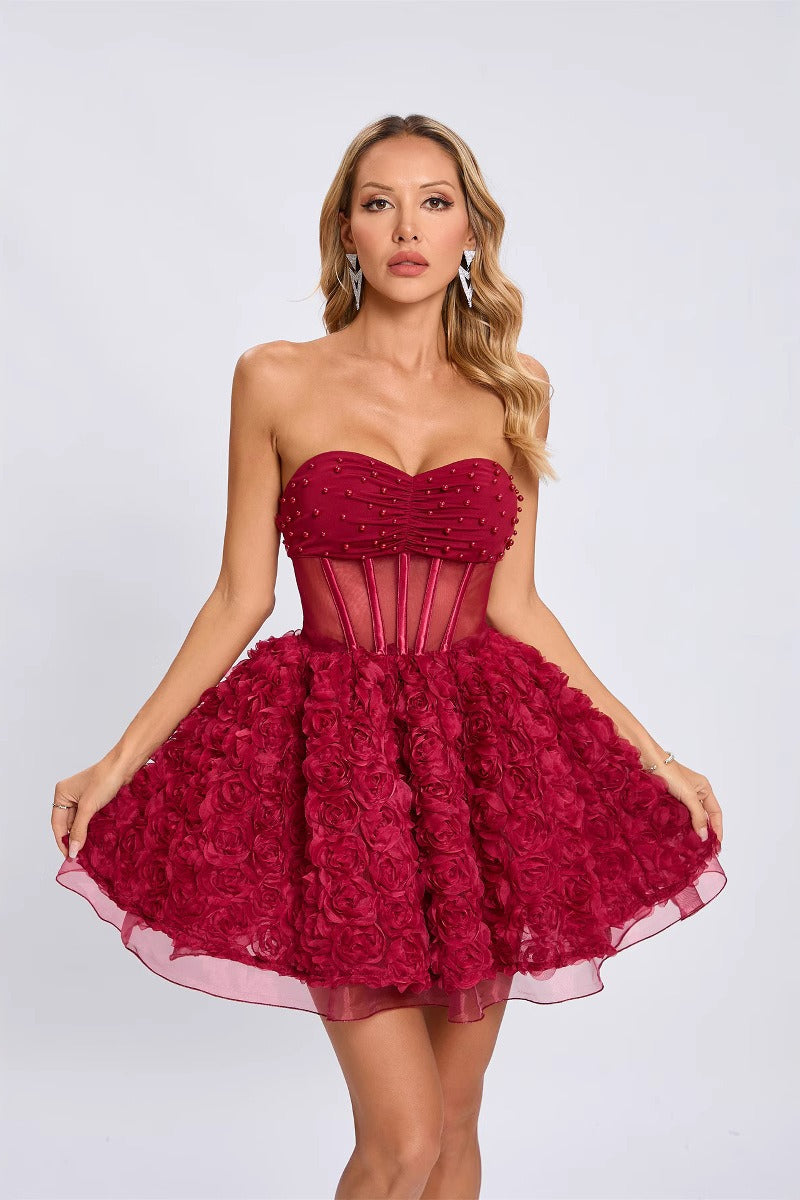 Strapless Sweetheart Corset Rosette Mini Dress