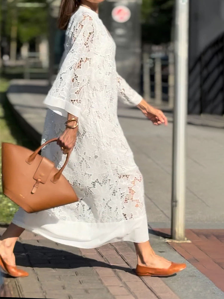 Eyelet Lace Long Sleeve Standing Collar Wide Hem Band Maxi Dress - View 4