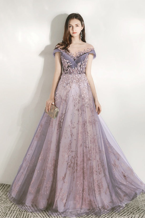 Off Shoulder V-Neck Beaded Tulle A-Line Prom Gown - View 5