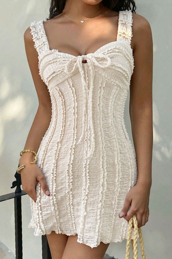 Ruffle Knit Sweetheart Neck Tie Front Mini Dress