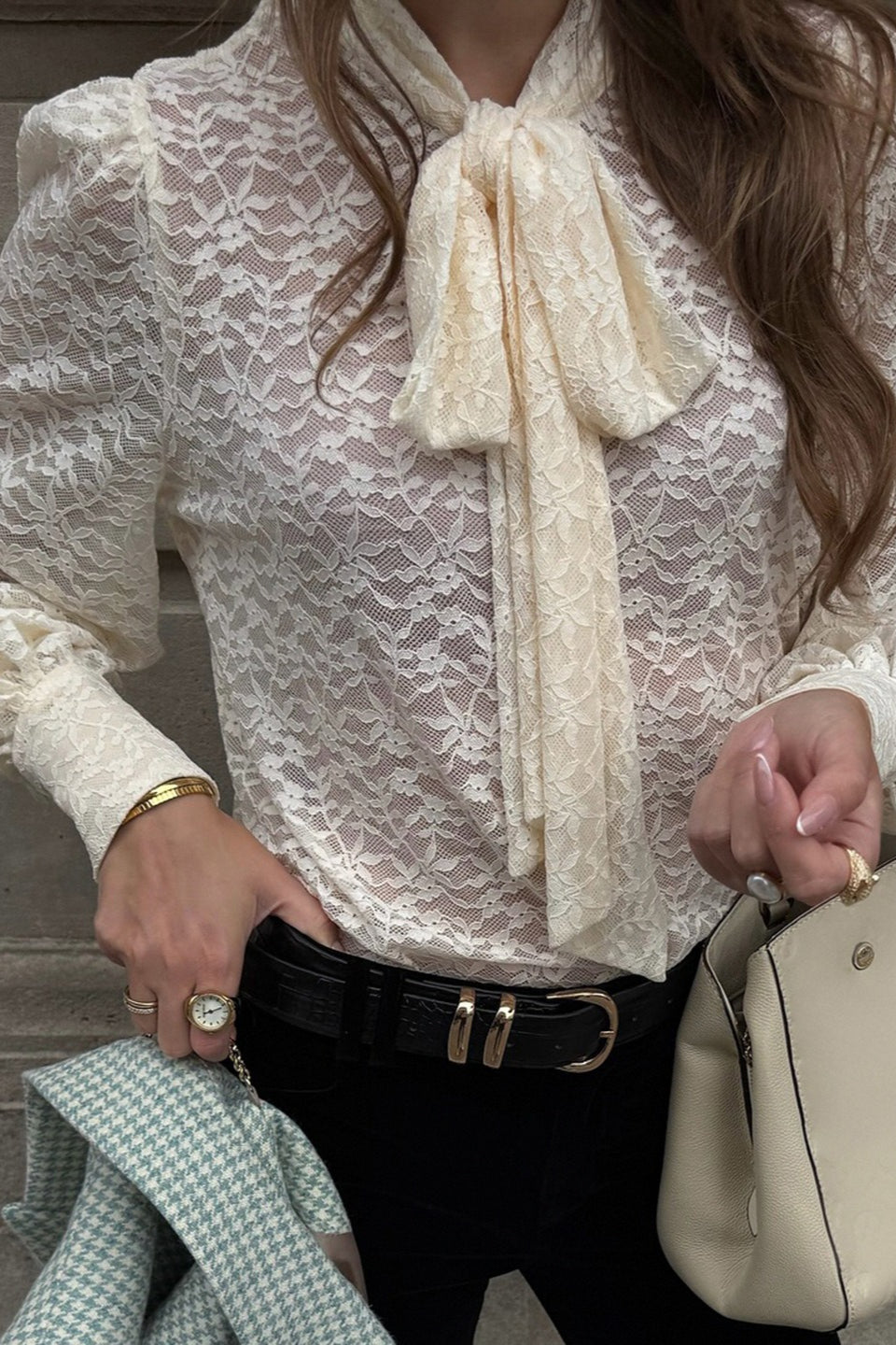 Jacquard Lace Bow Tie Blouse