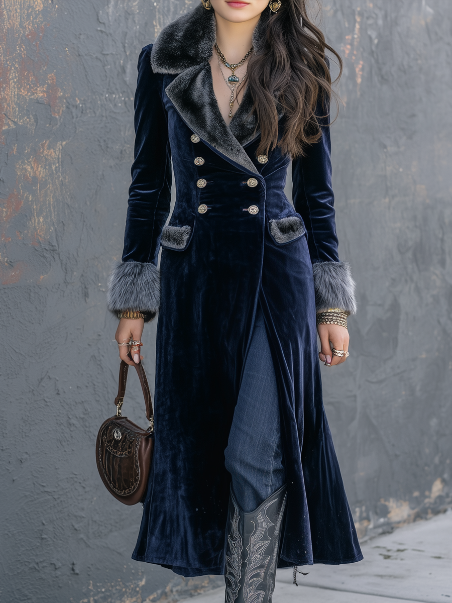 Retro Eco-friendly Fur Collar Velvet Coat - Fashionpara
