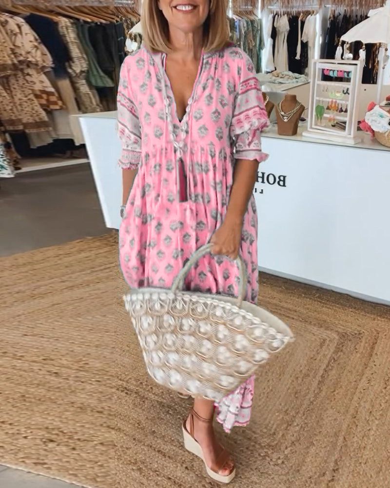 Block Print V-Neck Button Front Half Sleeve Tiered Midi Dress 5