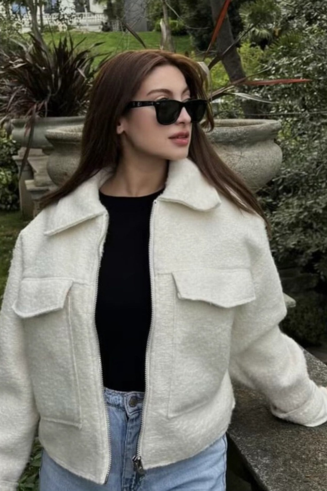 Cropped Boucle Zip Front Jacket