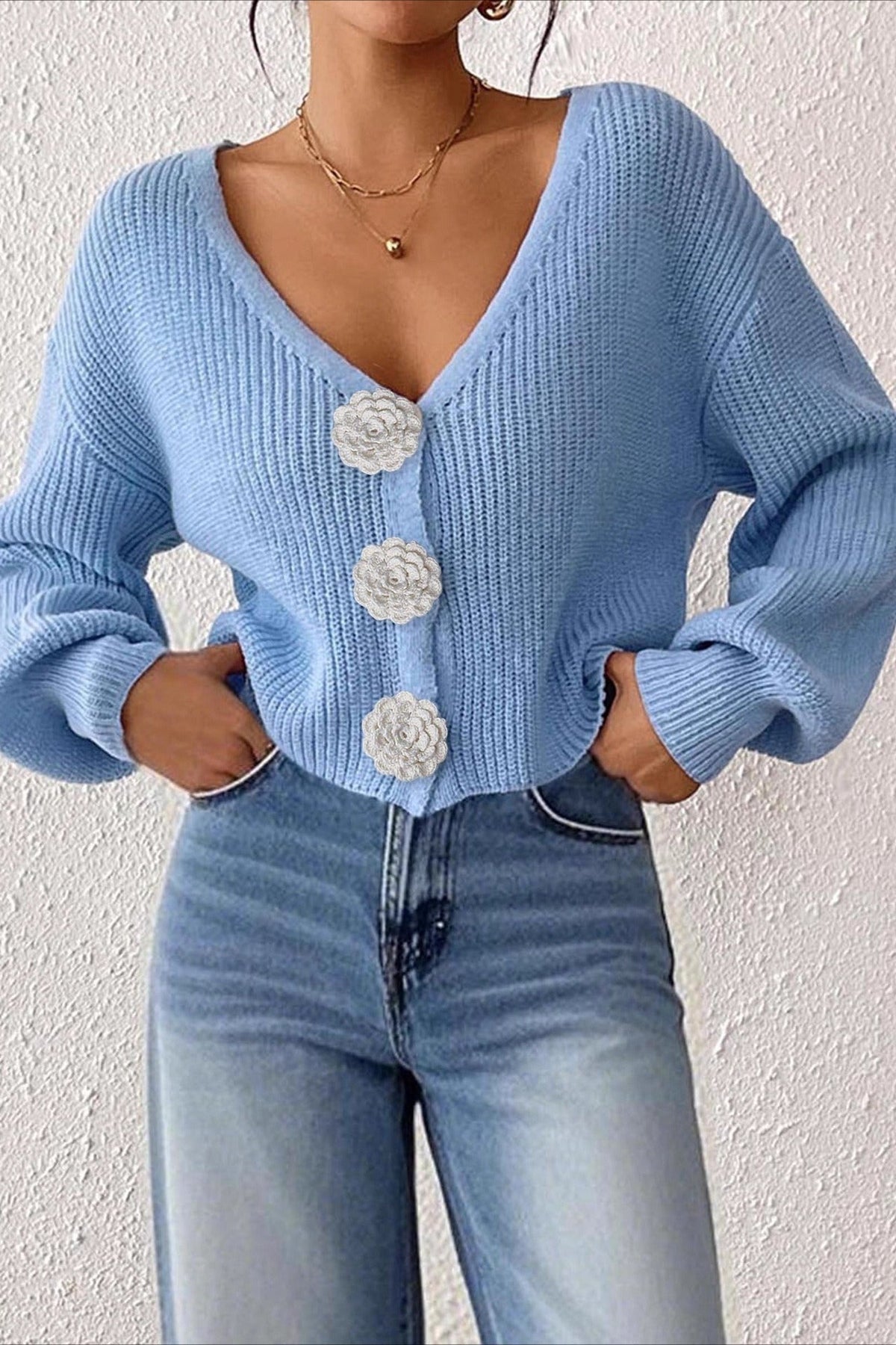 Button Front Crochet Knit Crop Sweater 32