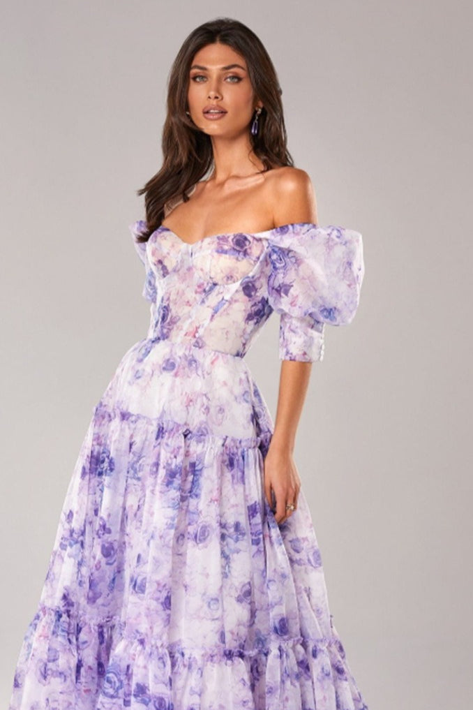 Floral Off Shoulder Puff Sleeve Sweetheart Tiered Maxi Dress - View 7