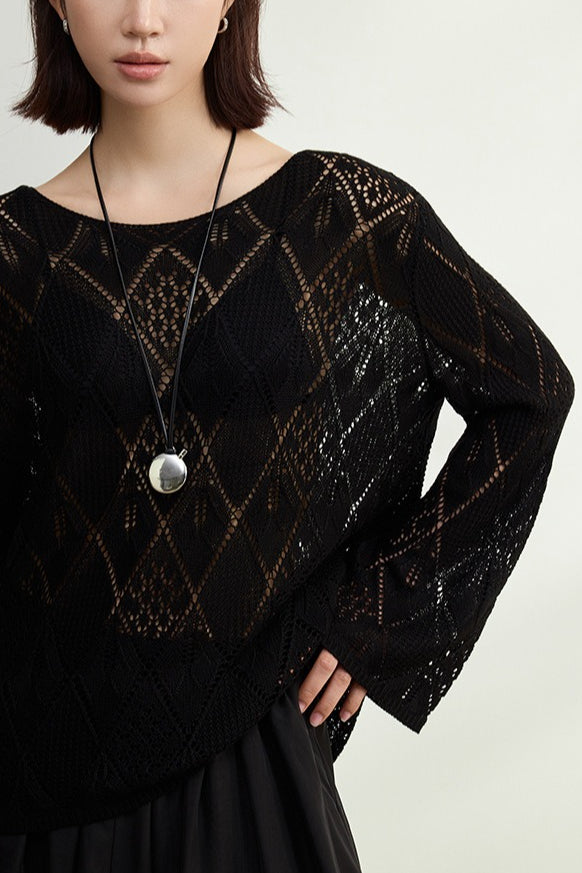 Jacquard Knit Diamond Pattern Blouse