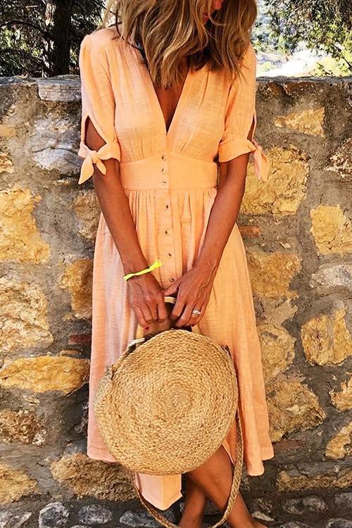 Deep V-Neck Puff Sleeve Tie Cuff Button Front A-Line Midi Dress - View 18