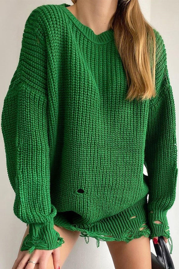 Solid Color Loose Knitted Mid-Length Sweater for Comfort