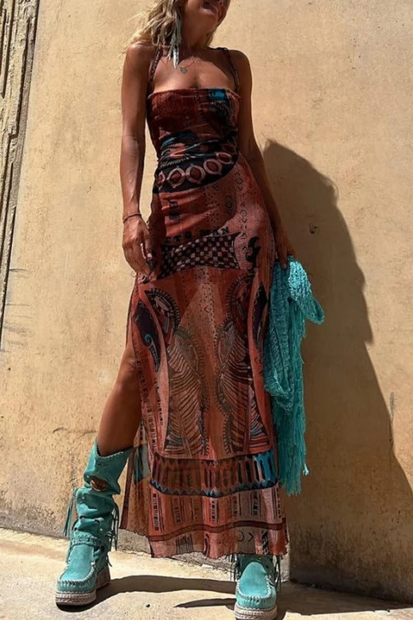 Backless Lace Up Fringe High Split Boho Maxi Dress - View 14