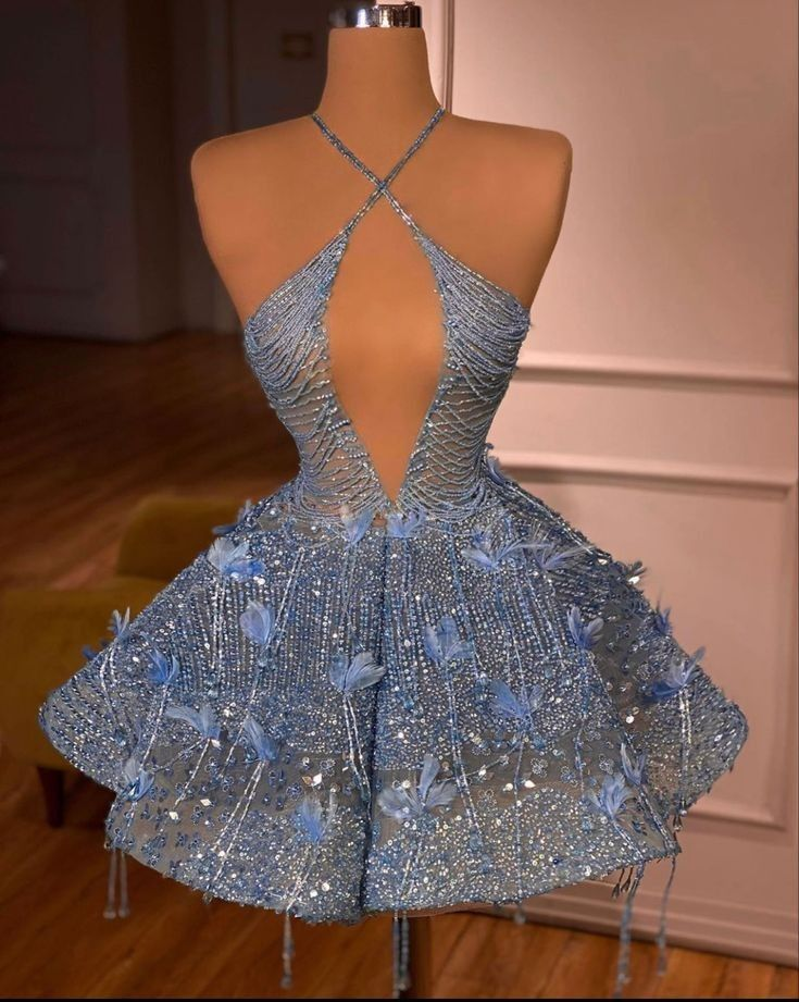 Luxurious Halter Blue Sequin Beaded A Line Short Party Dress Cocktail Dress Formal 7th Grade Homecoming Dress S853