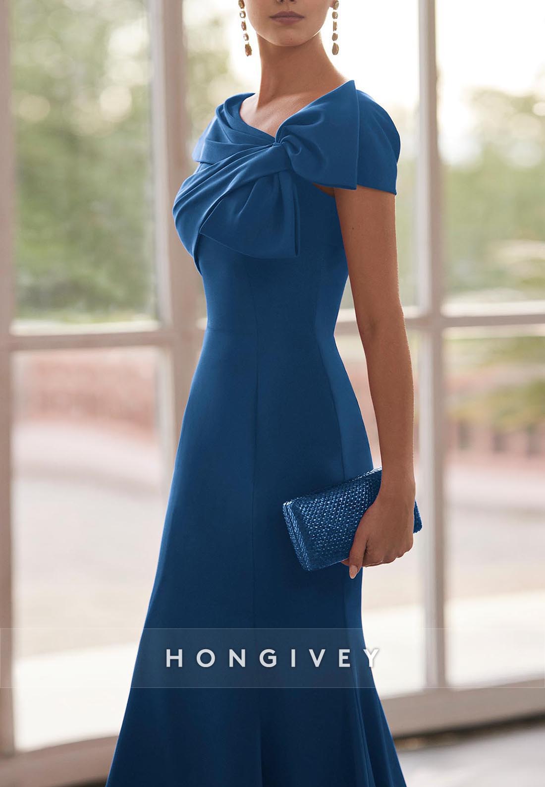 Stretch Crepe Asymmetrical Neck Keyhole Back Bowknot Short Sleeve Evening Gown