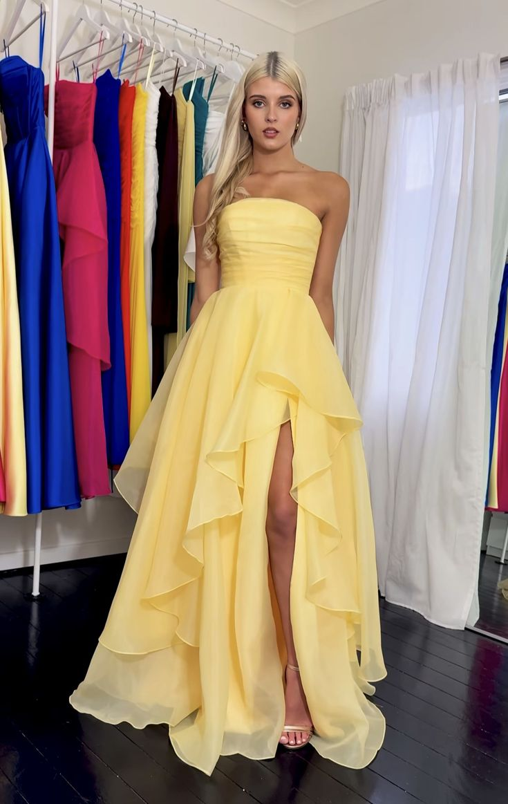 Classy Strapless Yellow Satin Tulle Slit Long Prom Dress Formal Birthday Party Dress D1141
