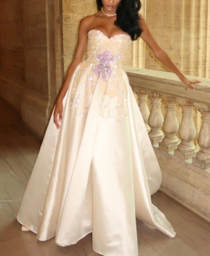 Charming Strapless White Satin Sequin Beaded Formal Bridal Dress Long Wedding Dress D1073