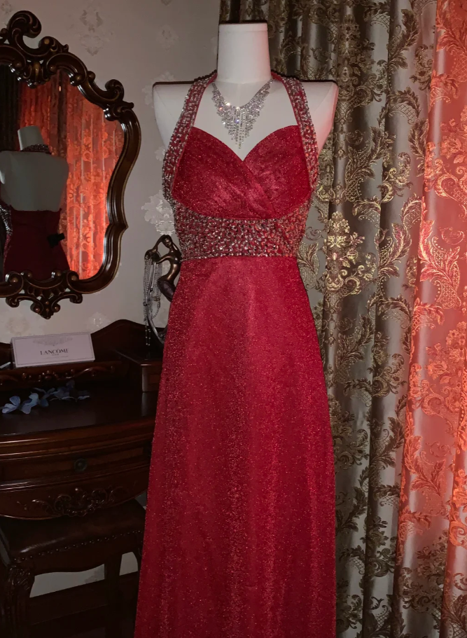 Glitter Halter Red Tulle Sequin Beaded A Line Long Party Dress Evening Dress D1713