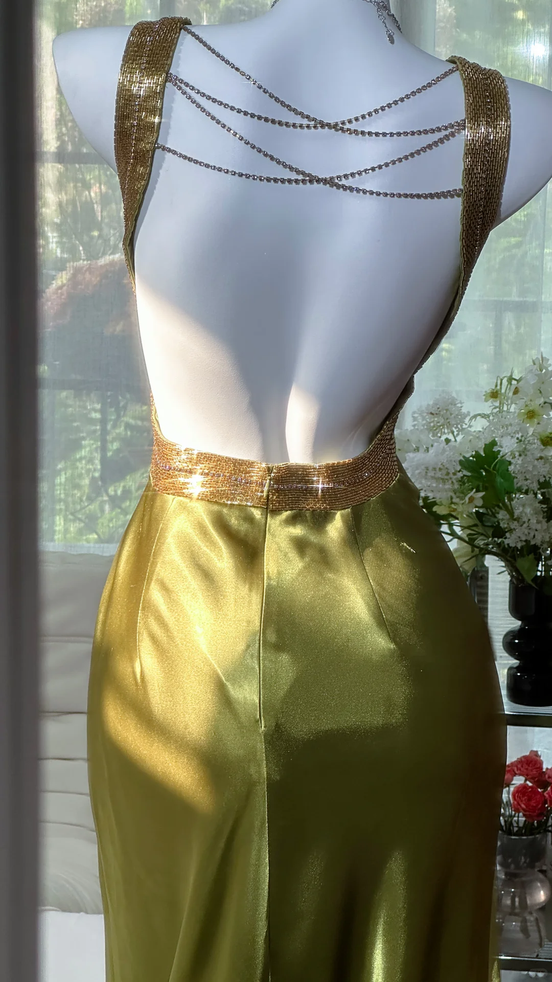 Vintage Olive Green V Neck Satin Backless Mermaid Party Dress Long Evening Dress D870