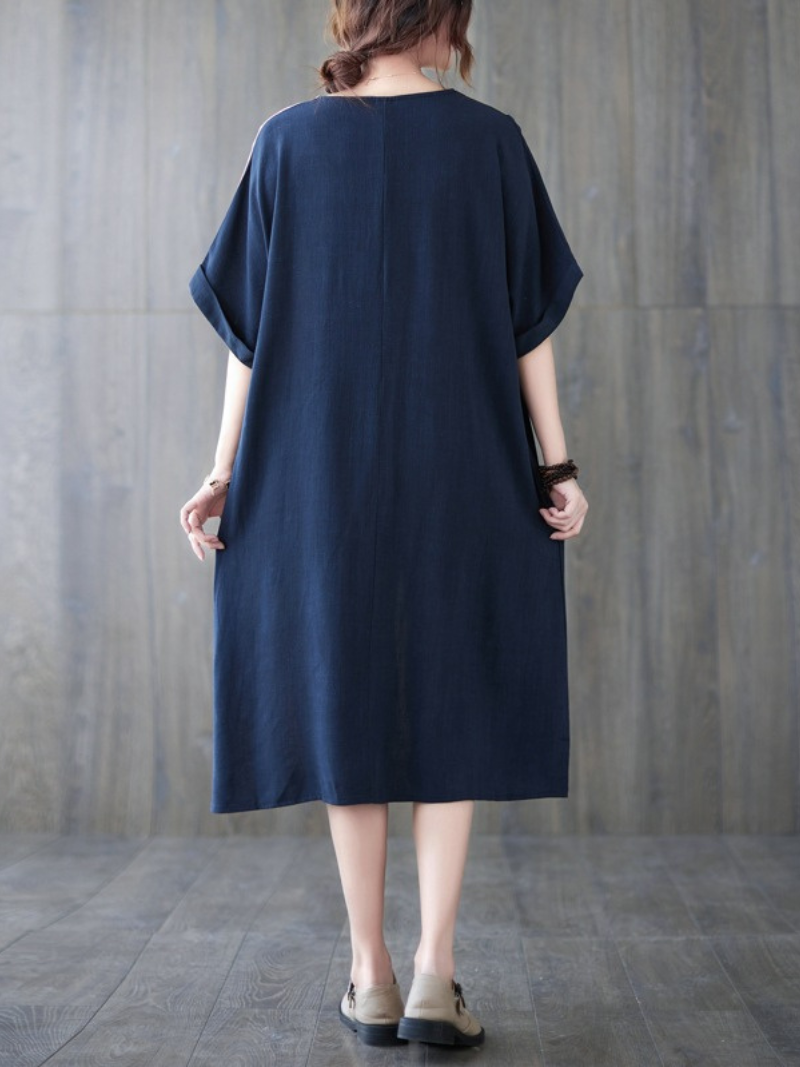 Round Neck Short Sleeve Contrast Panel Shift Midi Dress 3
