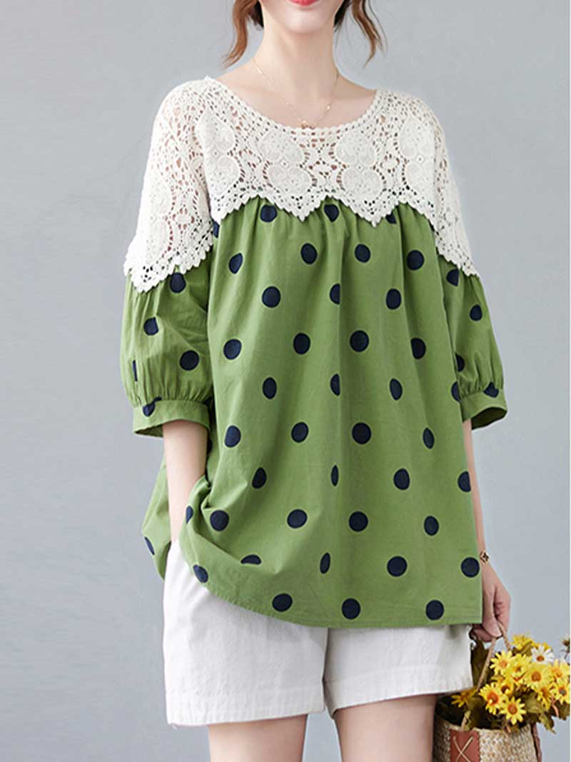 Polka Dot Print Cotton Floral Net Lace Shirt Top - Fashionpara