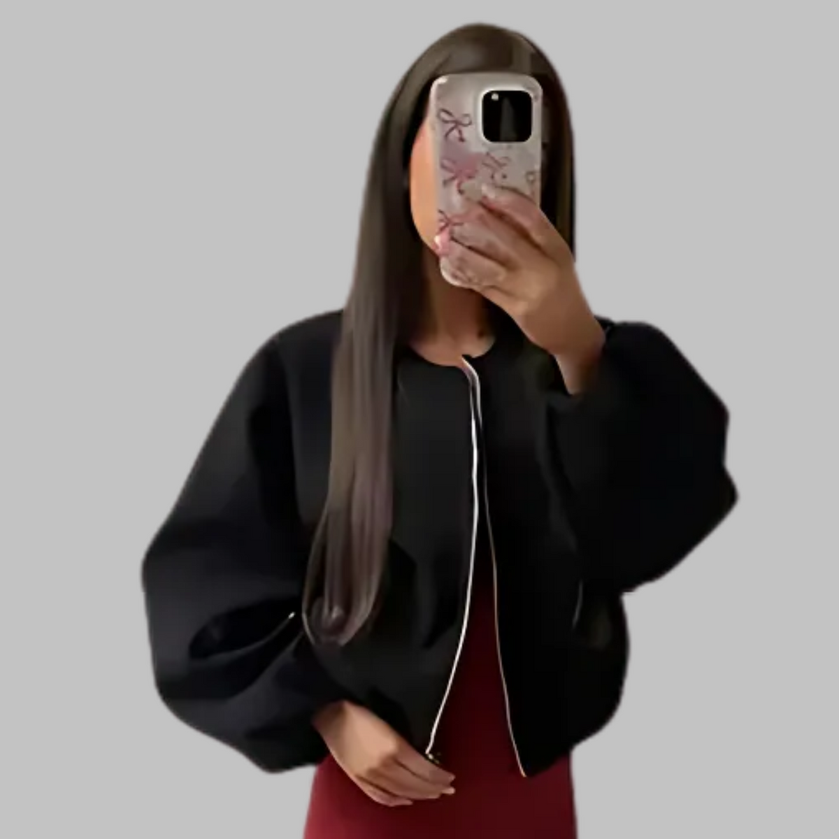 Zip Front Balloon Sleeve Collarless Cropped Bomber Jacket 4
