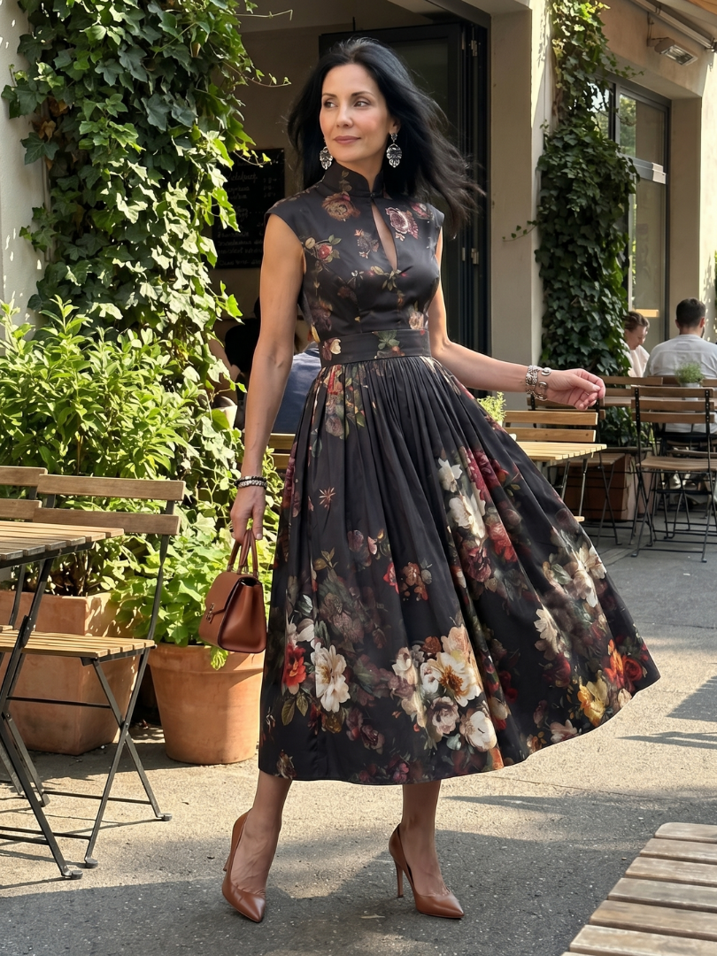 Floral High Neck Keyhole Cap Sleeve Pleated Midi Dress 6