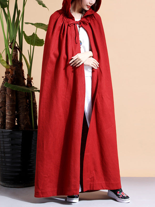 Solid Color Hooded Linen Cape Coat 5