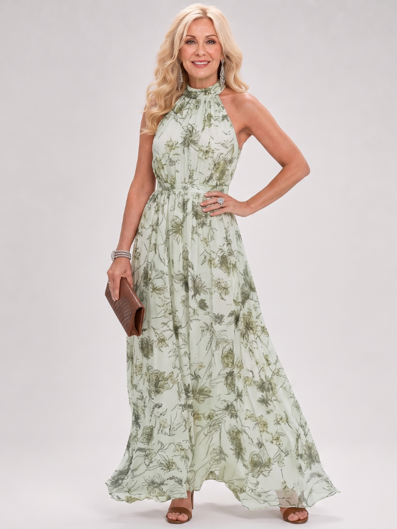 Floral Print Halter Neck Sleeveless Flowing Maxi Dress 2