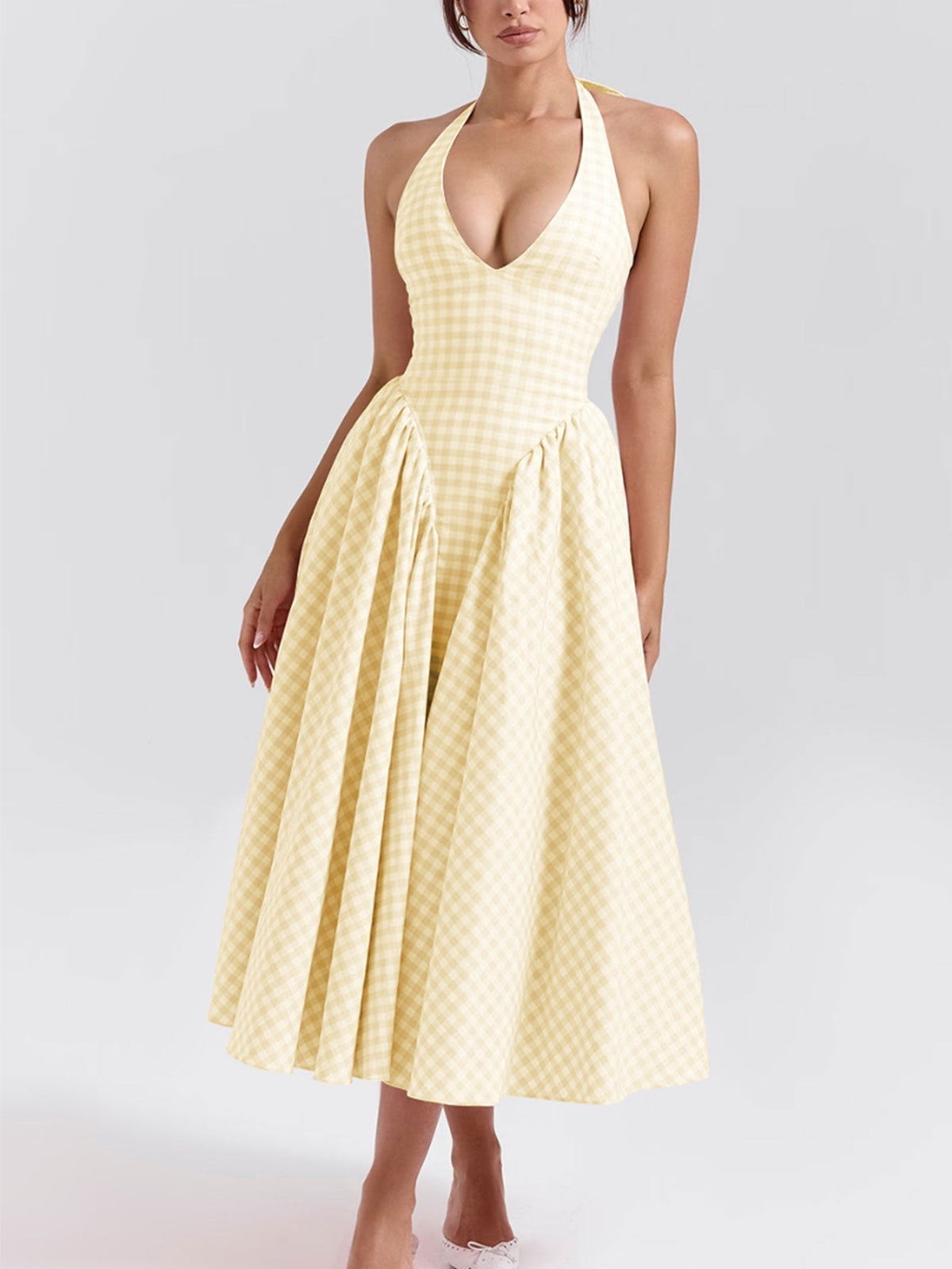 Deep V-Neck Halter Neck Gingham Pleated Midi Dress 29