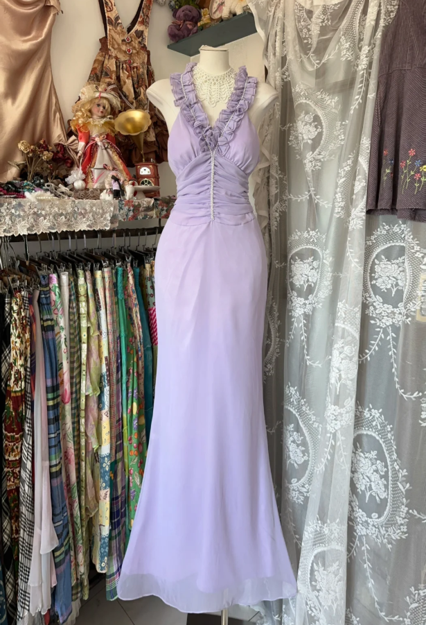 Pretty Sleeveless Lilac Chiffon Beaded Mermaid Long Wedding Guest Dress Evening Dress D1784