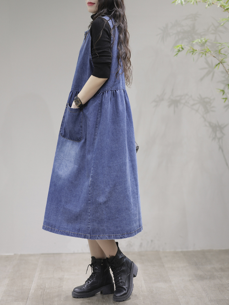 Denim Round Neck Sleeveless Button-Front Pinafore Midi Dress 2