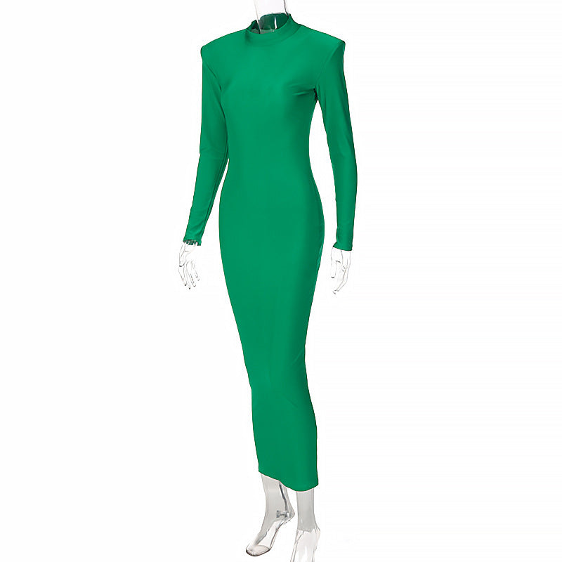 High-Neck Long-Sleeve Padded-Shoulder Bodycon Maxi Dress 6
