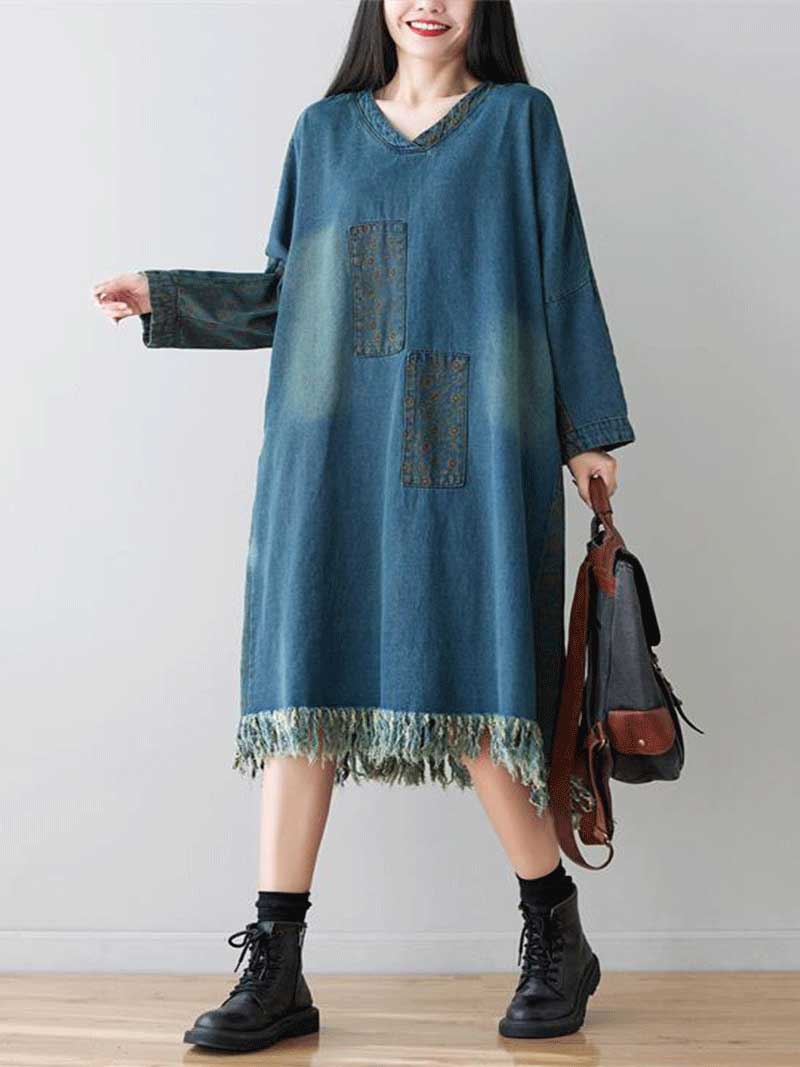 Patchwork Pocket V-Neck Long Sleeve Frayed-Hem Midi Dress 7