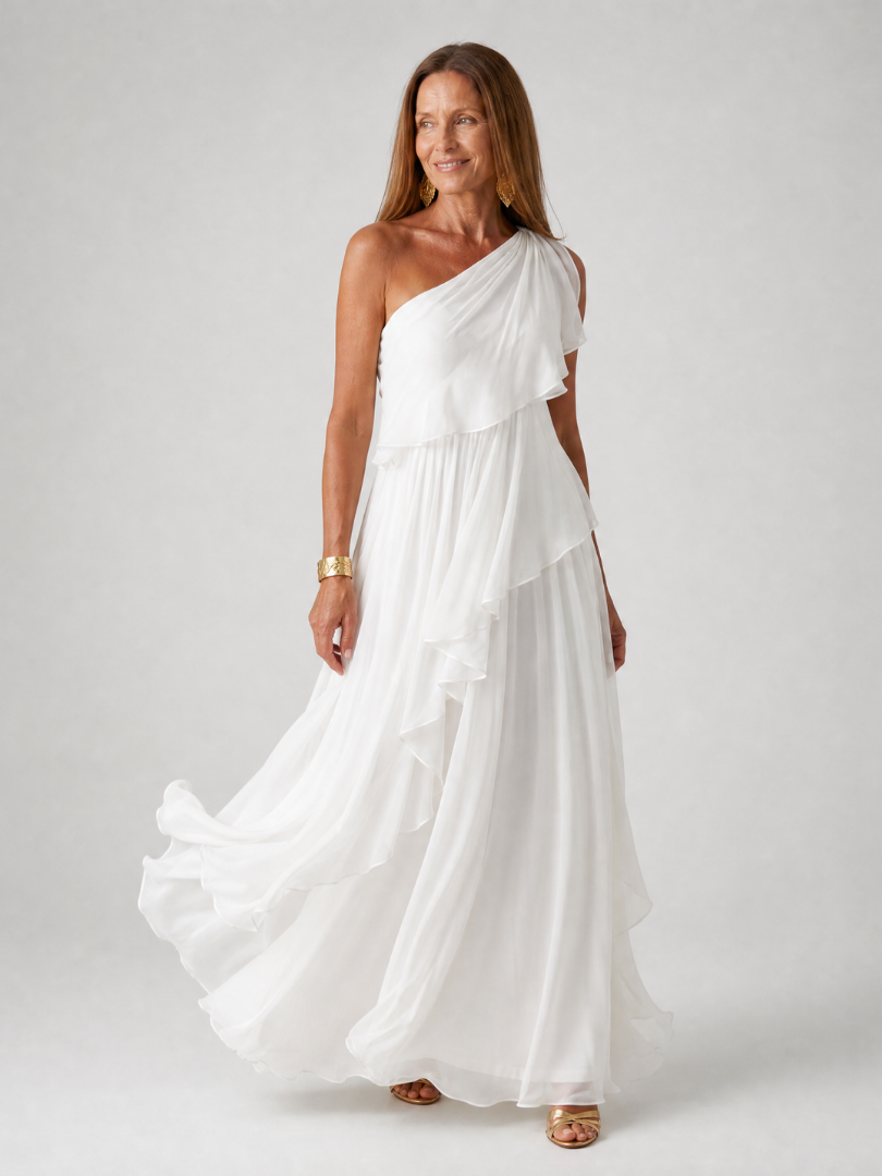 One Shoulder Ruffle Draped Chiffon Maxi Gown 8