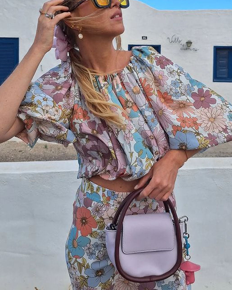 Holiday Floral Print Top & Skirt Two-Piece Set - Fashionpara