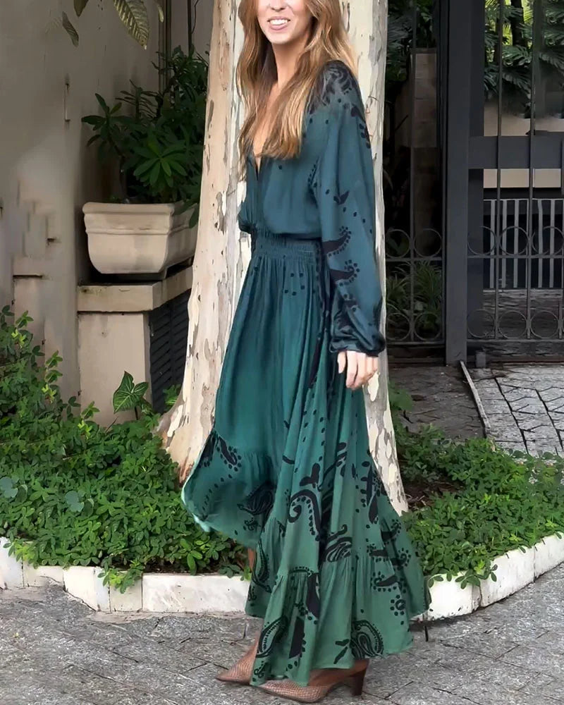 Bohemian resort V-neck printed dress - Fashionpara