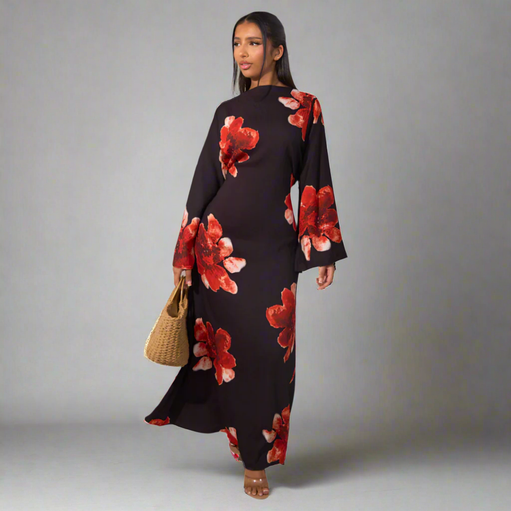 Floral Round Neck Flare Sleeve Bodycon Maxi Dress 6