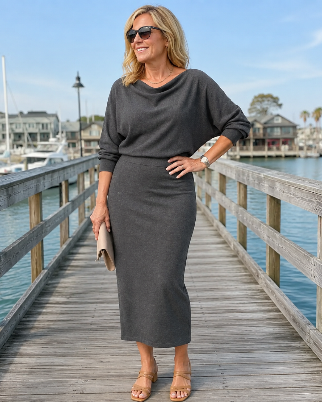 Cowl Neck Long Sleeve Fitted Knit Midi Dress